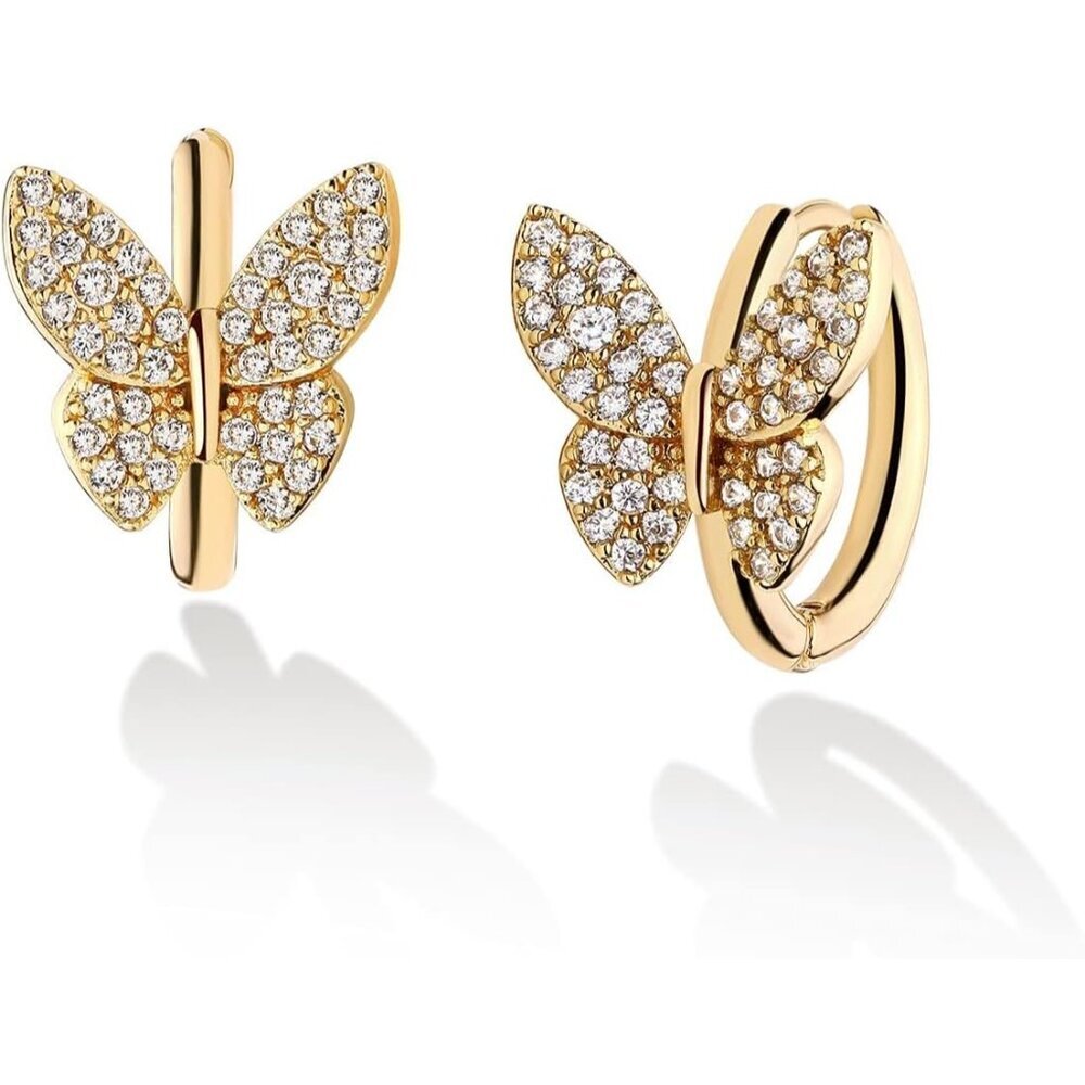 Lightweight Hypoallergenic Butterfly Hoops - Gold Plated Cubic Zirconia Earrings